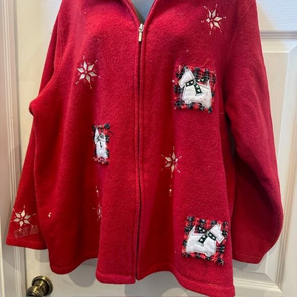 Ugly Fleece Christmas Jacket with dog and snowflakes on it - Picture 3 of 8